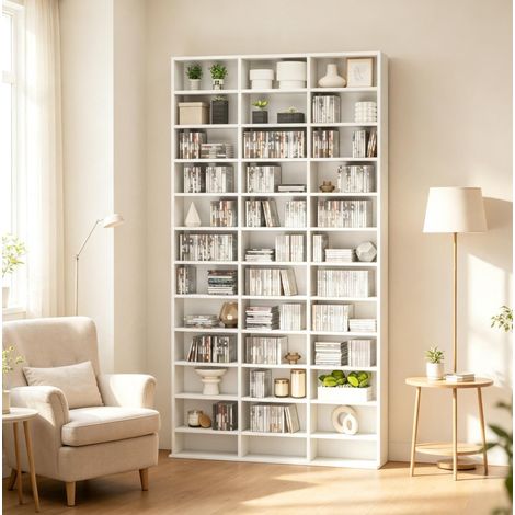 Étagère CD DVD blanche en MDF, meuble de rangement multimédia avec étagères réglables, capacité jusqu’à 1116 CD ou 528 DVD, fixation murale, 102 x 23,5 x 195 cm – CHICFURN (1/5)