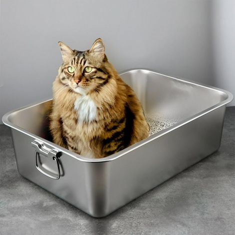Bac à litière pour chat en acier inoxydable, plateau de toilette robuste et facile à nettoyer, 50 x 35 x 10 cm (1/4)