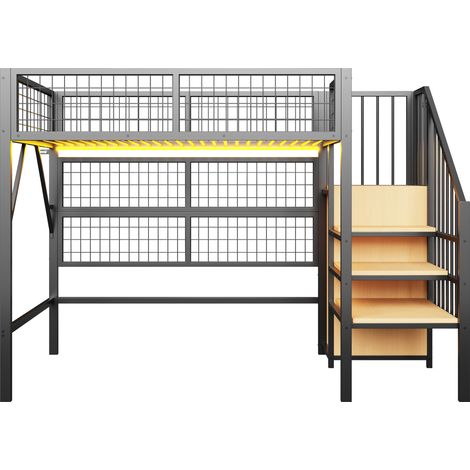Cama alta metálica 90 x 200 cm negra con LED APP, escalera de almacenaje y armario abierto (1/5)