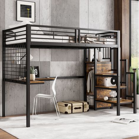 Letto a soppalco 90x200 cm nero e noce scuro, in metallo e MDF con armadio (1/5)
