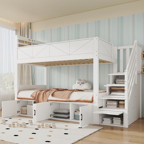 Letto a castello 90/200 cm bianco con scala contenitore e vani armadio, design moderno a pannelli (1/5)