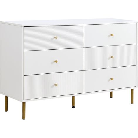 Meuble de salon moderne avec 6 tiroirs. Meuble blanc, doté de poignées en zinc et de pieds en acier. Dimensions : 120×40×78 cm. Meuble en MDF, parfait pour la chambre à coucher, le salon ou l’entrée.