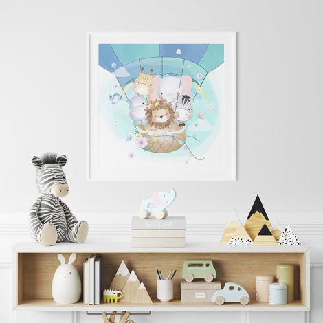 Poster / Affiche carrée Enfants - Montgolfière Animaux - 50x50 cm (1/3)
