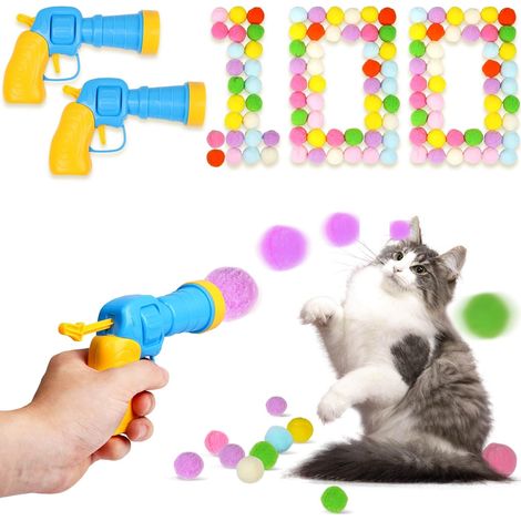 Ensemble de 100 balles pour chats avec 2 lanceurs, jouets interactifs et amusants pour chats d'intérieur, chats adultes et chatons. (1/5)