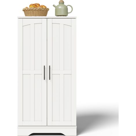 Armoire haute de rangement blanche MDF 120×60×40 cm 2 portes relief 3D ondulé poignées métal, éclairage LED rechargeable détecteur d’ouverture, étagère modulable pour cuisine salle à manger salon (1/5)
