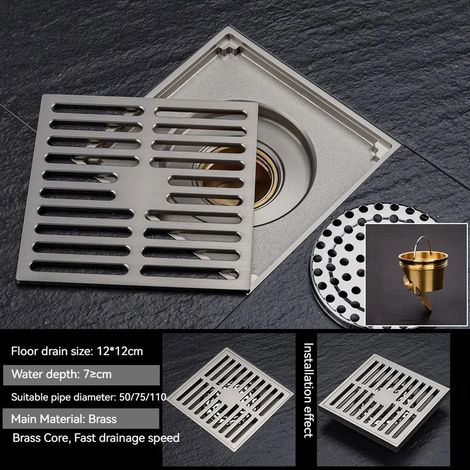(12X12 Brushed Silver)Brass Square Floor Drain， Size: 12CMX12CM 15X15CM, could used in bathroom,  terrace， outdoor and etc. (1/4)