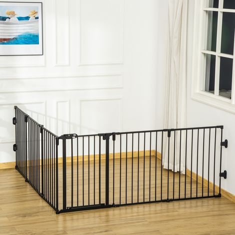 Barrière de sécurité, butte ignifugée, parc pour chien, enclos pliable et modulaire, 6 pièces avec portail, sans perçage, 362,5 x 76 cm, noir (1/5)