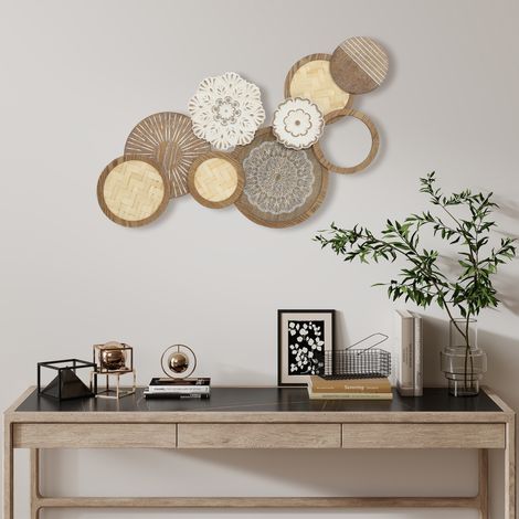 Decorazione murale in legno, scultura da parete in legno, design unico a dischi multipli, 83,8 x 44,5 cm, legno naturale