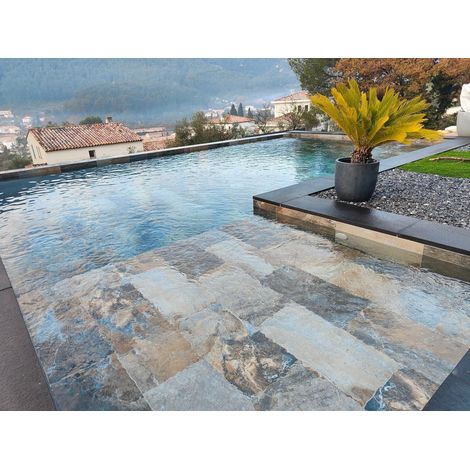 Margelle basalte noir 35x60x3cm – Bord droit flammé brossé – Pour tours de piscine et escaliers – Colle flexible recommandée