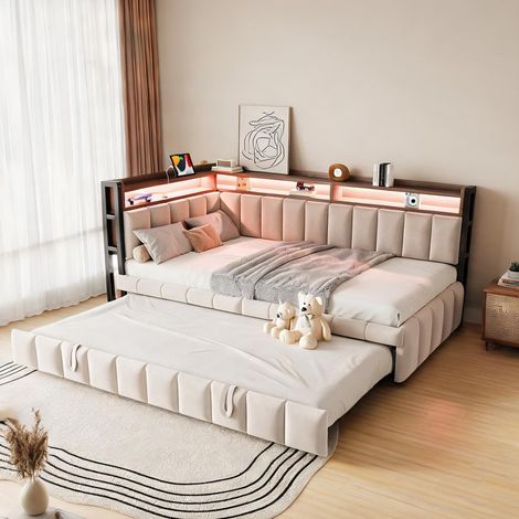 Cadre de lit beige en tissu 211,5 x 101,5 x 90 cm (1/5)