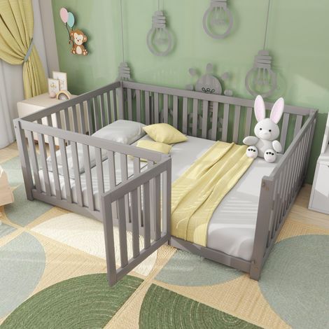 Lit enfant 140 x 200, cadre de lit en bois avec barrière et porte, gris (Anciennes références : WF321564AAG) (1/5)