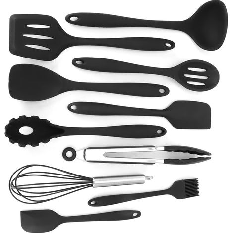 Juego de 10 utensilios de cocina, de silicona de grado alimenticio, resistentes al calor, con orificio para colgar, para repostería y panadería casera. (1/5)