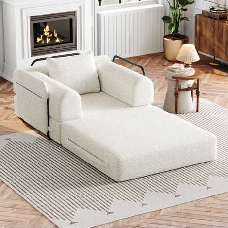 Sofá cama individual beige en chenilla con almacenaje en reposabrazos y configuración modular (1/5)