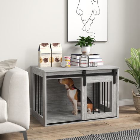 Gabbia per cani da interno con porta scorrevole, in metallo effetto legno, dimensioni 57H x 80W x 54D cm