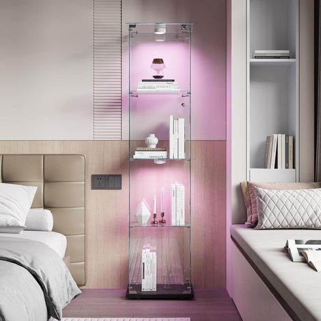 Vitrine haute en verre avec 4 étagères, éclairage LED et serrure, meuble d'exposition noir (1/5)