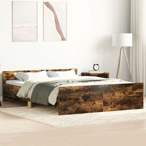 Cadre de lit 135x190 cm sans matelas - Chêne fumé - Bois d'ingénierie et pin massif - Tête et pied de lit fonctionnels - Lattes en contreplaqué - Répartition du poids optimale (1/4)