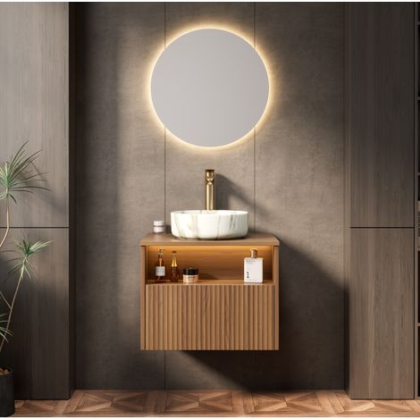 Mueble lavabo suspendido 60x46x45 cm en contrachapado y cerámica, marrón – MEUBLIV (1/5)