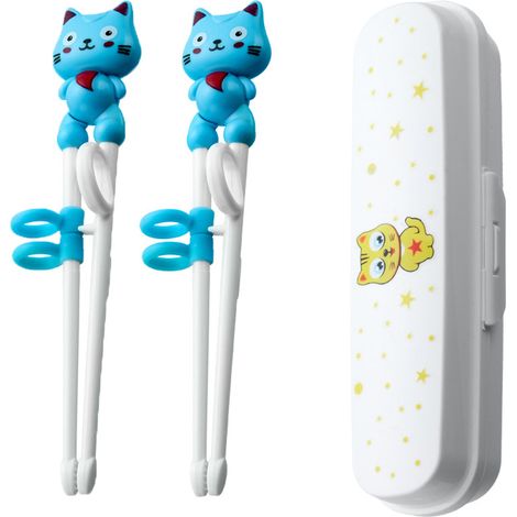 2 pezzi di bacchette per principianti, con assistente, adatte a principianti, anziani e bambini per esercitarsi con le bacchette, bacchette cinesi, bacchette a forma di animale carine, blu (1/5)