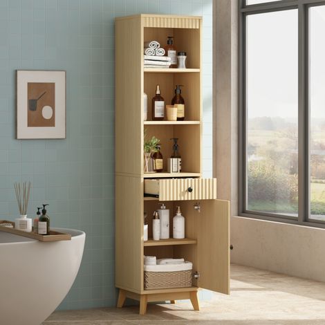 Badezimmerschrank 40 x 36 x 172 cm, freistehend, mit Schublade, Soft-Close, naturholzfarben HAVRYA (1/5)