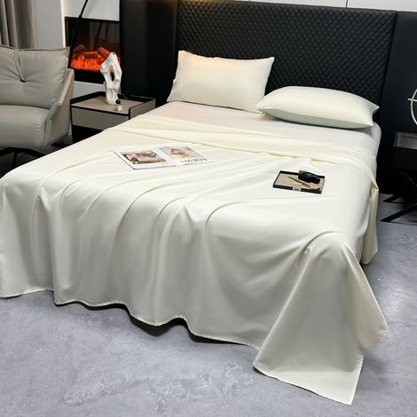 Drap Housse 230x245 cm, Drap Plat en Glace de Soie Rafraîchissant pour Été, Housse de Lit Double Couleur Unie, Style Luxe Léger