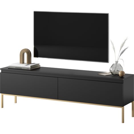 Selsey – Meuble TV 150 cm noir avec pieds en acier dorés – 2 armoires spacieuses – Pour TV jusqu'à 65" – Design moderne minimaliste (1/6)