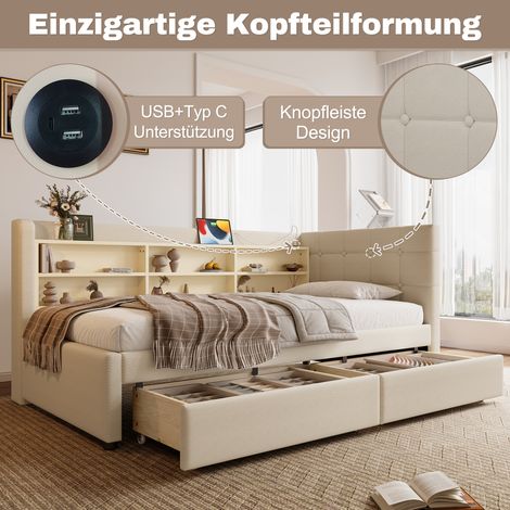 Canapé convertible 90x200 cm avec 2 tiroirs, ports USB-C, rangements intégrés, sommier lattes, tissu lin beige, matelas non fourni. (1/5)