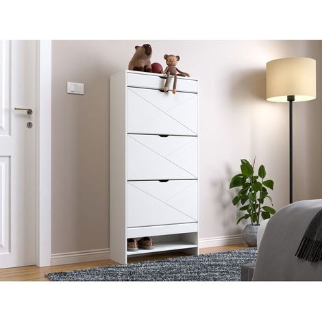 Meuble à Chaussures 3 tiroirs plateau supérieur coulissant 2 niveaux blanc structure en bois (1/5)
