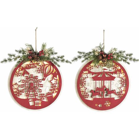 Quadro natalizio in legno con luci LED da appendere. Decorato con scenari intagliati raffiguranti ruota panoramica e giostra, set da 2 pezzi, Ø 28 cm