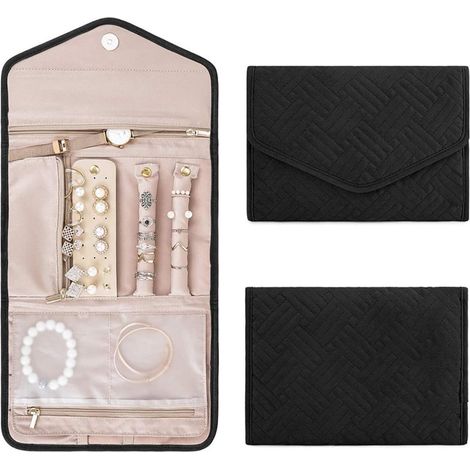 Sac de rangement pliable pour bijoux – Organiseur de voyage – Sac à bijoux portable – Pour boucles d'oreilles, bagues, colliers, bracelets, cadeaux pour femmes et filles – Noir (1/5)