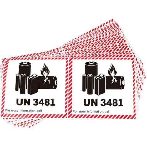 Lot de 20 étiquettes d'avertissement UN3481 pour le transport de batterie lithium-ion 110 x 120 mm (1/4)