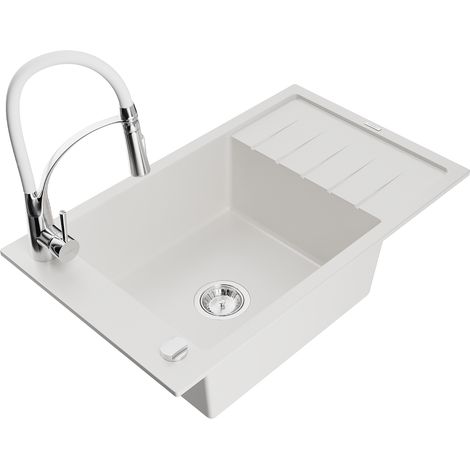 Mexen Elias fregadero de cocina de granito de 1 seno con escurridor y grifo de cocina Aster, blanco - 6511-20-73450-02 (1/5)