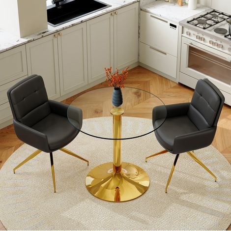 Set tavolo e sedie da pranzo rotondo 85x85x76 cm, piano in vetro temperato, sedie girevoli, vetro e PU nero oro (1/5)