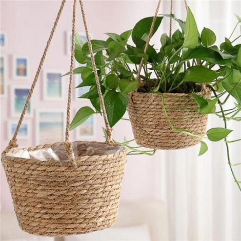 (vert) Jardinière suspendue de jardin en macramé, panier de rangement pour plantes en corde de jute tressée, support pour pot de fleurs d'intérieur et d'extérieur, décoration intérieure (1/4)