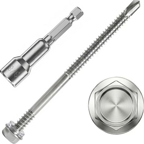 Vis Autoforeuse Metal Inox 410 Vis Autoperforante 6.3x100mm 40Stk avec Rondelles D'étanchéité EPDM Fixation étanche et 1 Douilles Hexagonale pour Metal Bac Acier Bois Tôle Placo Toiture (1/5)