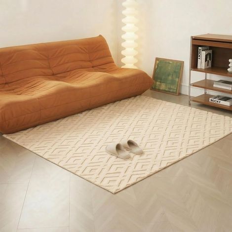 Tapis de salon lavable, avec structure en relief 3D, à poils courts modernes avec motif losanges, pliable et lavable en machine, antidérapant, doux, pour chambre à coucher et couloir (beige (1/5)