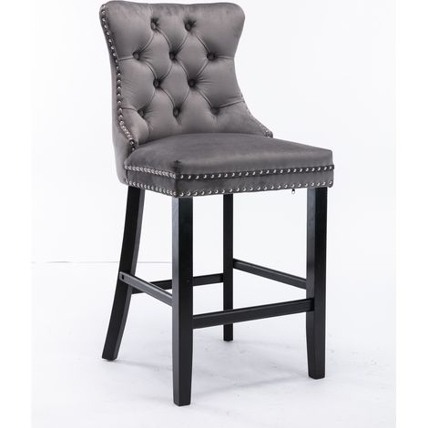 Tabourets de bar en velours de style contemporain, avec capitonnage à boutons, pieds en bois et bordure cloutée chromée, lot de 2, gris (1/5)