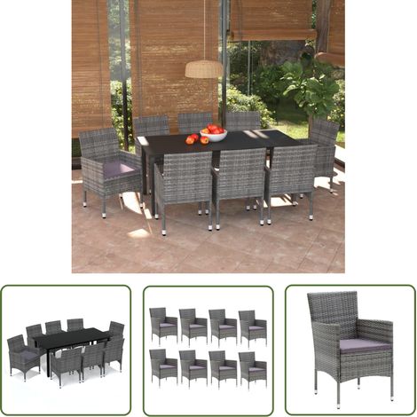 INLIFE Meubles à dîner de jardin et coussins 9 pcs Poly rotin Gris (1/5)