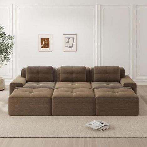 Canapé d'angle - KOMHTOM - Canapé d'angle modulaire - 3 places - Velours côtelé marron - Transformable en lit (1/5)