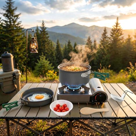 Batterie de cuisine de camping avec poignées anti-brûlures, 8 pièces, grise (1/5)