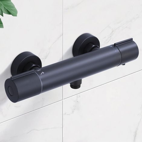 Duscharmatur mit Thermostat Schwarz - Aufputz Mischbatterie Dusche mit 38°C Sicherheitstaste, Duschthermostat Armatur, Thermostat Dusche aus Edelstahl Duscharmaturen Brausethermostat