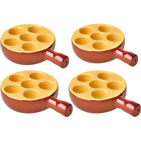 Lot de 4 poêlons à escargots 6 Trous en porcelaine plat cuisson pour escargots avec poignée ,passe au four et lave-vaisselle - 12 x 3,5 cm (1/4)