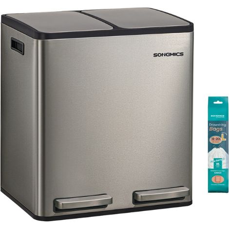 Poubelle de cuisine 2 x 15 litres tri sélectif amovible 41,8 x 35,3 x 45,5 cm en acier inoxydable argent (1/2)