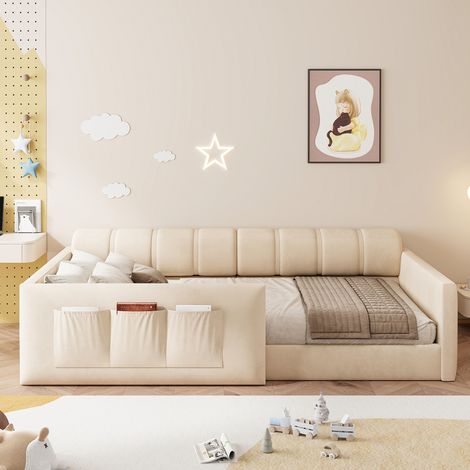 Canapé Lit Enfant 90x200cm - Multifonctionnel - Tissu Velours Doux - Tête de Lit Rembourrée - Poches de Rangement - Capacité 120kg - Beige (1/5)