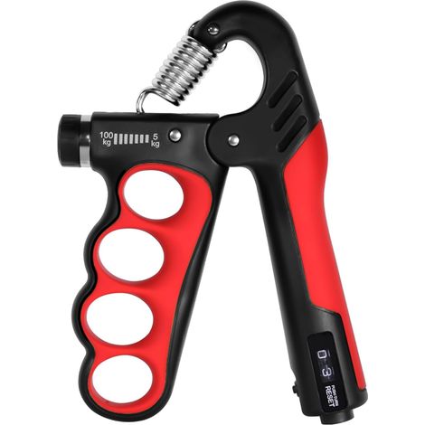 Entraîneur de mains, force de préhension réglable de 5 kg à 100 kg, avec compteur numérique (rouge) (1/4)