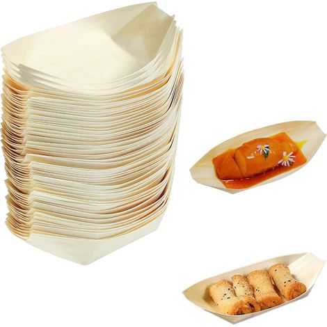 50 barquettes bambou alimentaire, assiettes bateau en bois écologiques jetables, plateau service sushi BBQ camping, 50 pièces biodégradables (1/5)