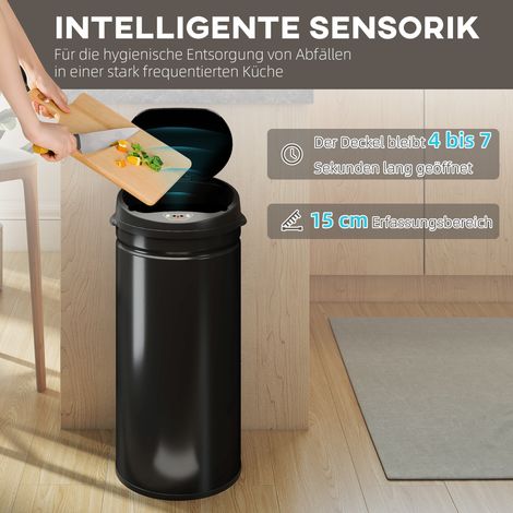 Poubelle à capteur 42L, fermeture silencieuse et amortie, en acier inoxydable, sans contact, idéale pour cuisine propre et hygiénique.