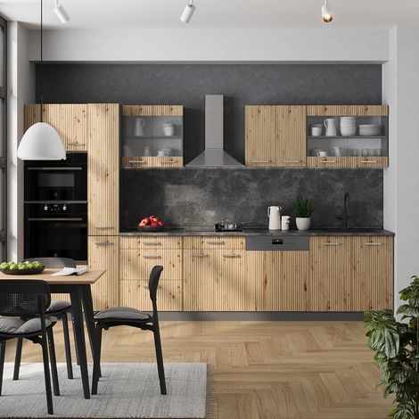 Küche  R-Line, Artisan Eiche/Anthrazit, 350 cm mit Hochschrank, AP Anthrazit, Vicco
