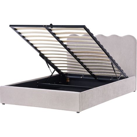 Bed Frame Taupe Chenille Upholstery EU Double Size 4ft6 Lift Up Storage with Headboard and Slatted Base NANTERRE