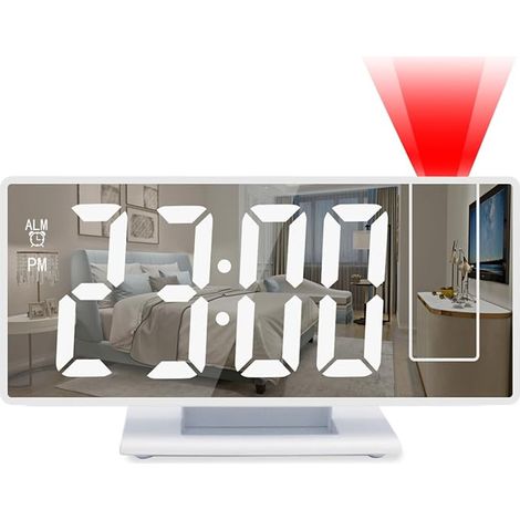 Radio Reveil Projecteur Plafond, Réveil Graduable à 3 Niveaux, Petite Horloge Numérique à 18.5cm Ecran Miroir, Projecteur Rotatif à 180 °, pour Maison Chambre (1/5)