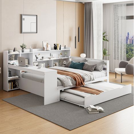 Cama 140x200 cm con escritorio y cama nido, blanca, de madera, sin colchón FloraGrace (1/5)
